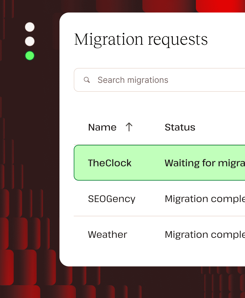 Screenshot showing websites in Mywordhaus and their migration status